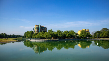 Segrate artificial lake Malaspina residential area near milan