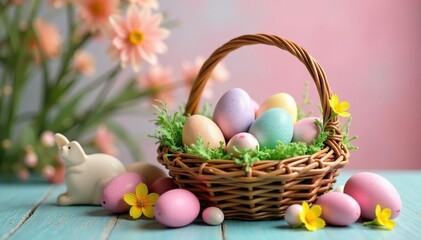 Obraz premium Colorful Easter eggs in a basket with spring flowers and bunny decorations , hyacinth, pastel, crocus