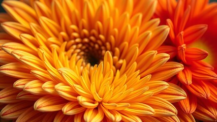 Obraz premium Close-up view of two vibrant orange gerbera daisies showcasing their intricate layered petals and rich color saturation in a detailed floral macro