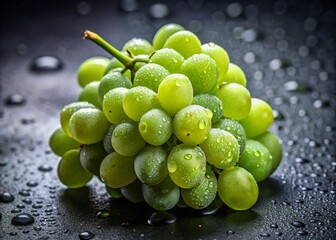 Closeup green grape  covered in Water Droplets on a Dark Surface