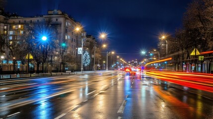 Obraz premium Night Cityscape: Long Exposure of Traffic Lights on a Wet Street