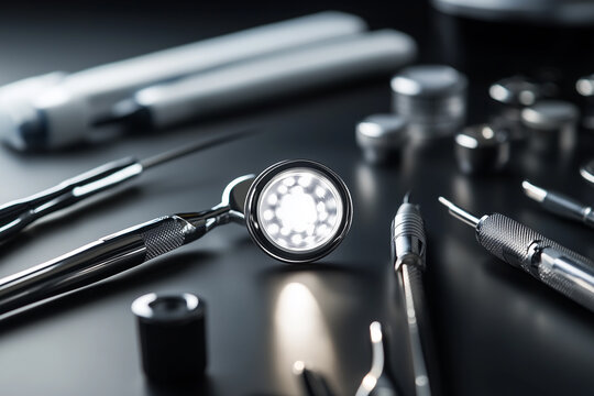 Close up View Of Dental Instruments On Dark Surface