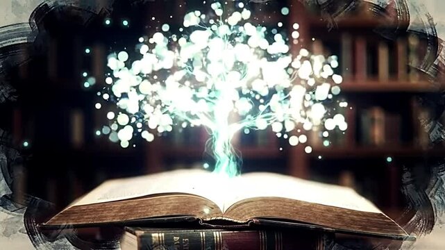 concept of education Stack of books in the library, a tree of knowledge in the opening of an old book in the library. Beautiful background