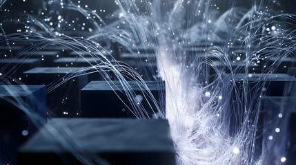 Abstract lines glow over cubes data flow network deep perspective detail