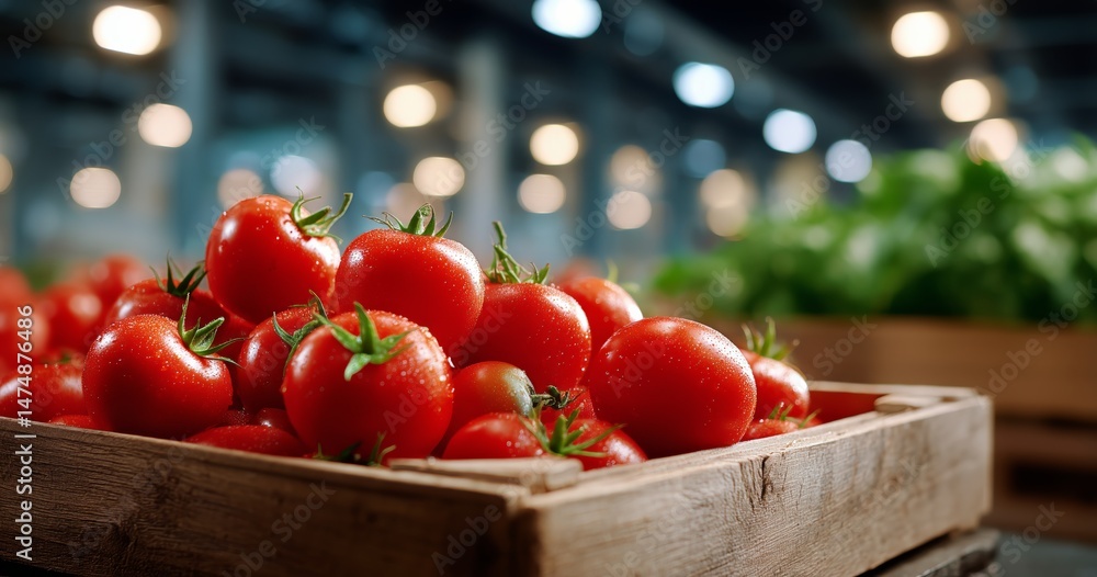 Poster fresh red tomatoes in wooden crates displayed at a market during daytime