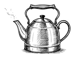 classic whistling kettle with steam spout hand drawn in vintage style
