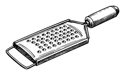 metal kitchen grater with ergonomic handle hand drawn in classic sketch style