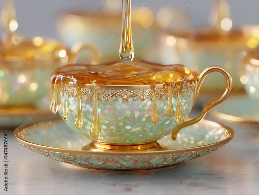 Poster dreamlike and surreal 3d rendering of a tea time scene where tea flows upwards in antigravity stream