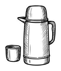 thermos flask with cup for hot beverages hand drawn in clean outline style