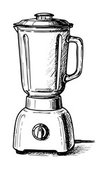 kitchen blender with transparent pitcher and control knob hand drawn in vintage style