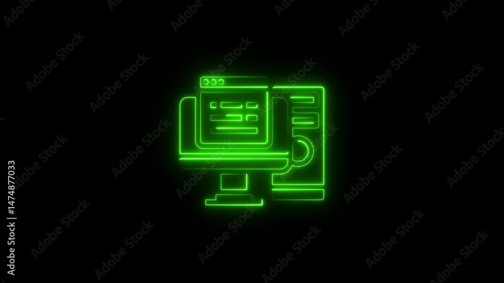 Poster animated neon computer setup on black background depicting software or interface