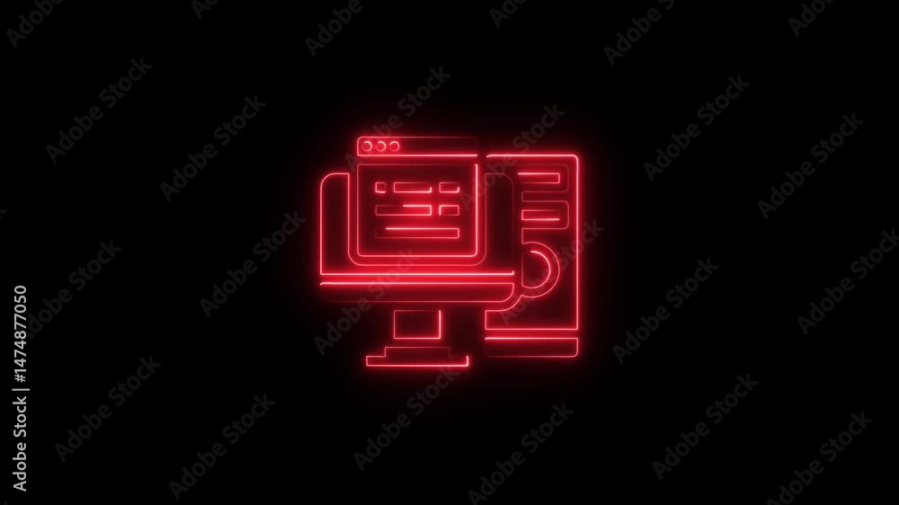 Poster red neon computer icon illuminated against a dark background representing technology and computing