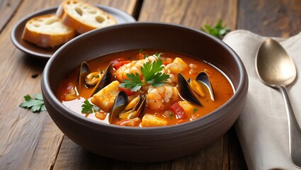 Delicious Seafood Stew in Rustic Bowl with Crusty Bread
