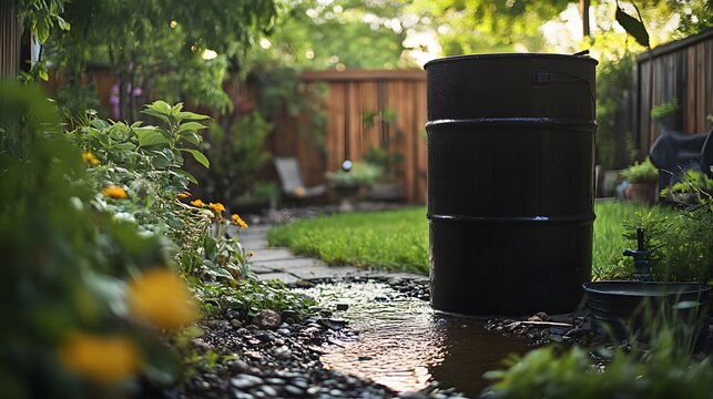 A rainwater collection barrel set in a backyard, promoting sustainable living and efficient water conservation practices.