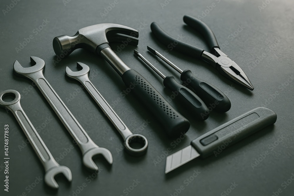 Aufkleber professional tool instrument efficiency concept. tools arranged neatly on a dark surface.
