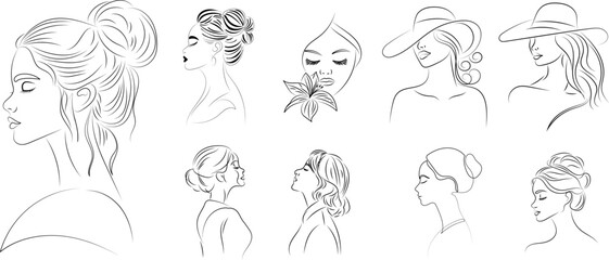 set portrait woman line drawing, vector