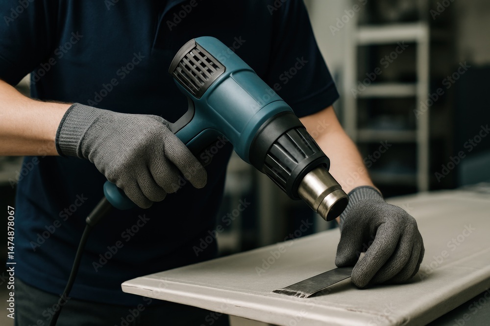 Poster professional tool instrument efficiency concept. a person using a heat gun on a work surface.