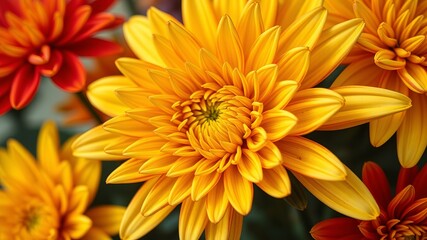 A vibrant yellow chrysanthemum flower blooms brightly amongst red and orange chrysanthemums in a close-up shot.