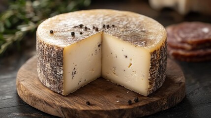 Round cheese wheel sliced, seasoned with peppercorns