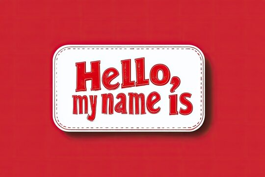 A red and white name tag that says Hello, my name is - Powered by Adobe