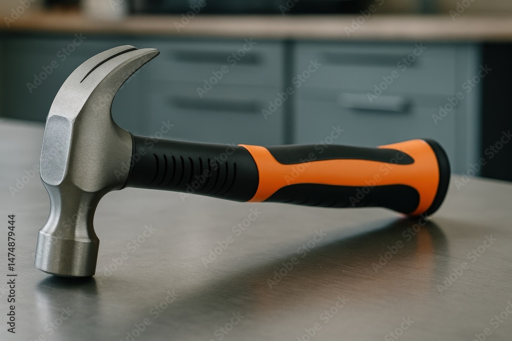 Poster professional tool instrument efficiency concept. hammer with a black and orange handle on a countert
