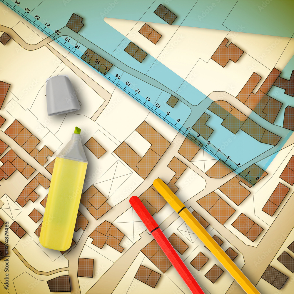 Poster 3d rendering of colored work tool over a cadastral map of territ