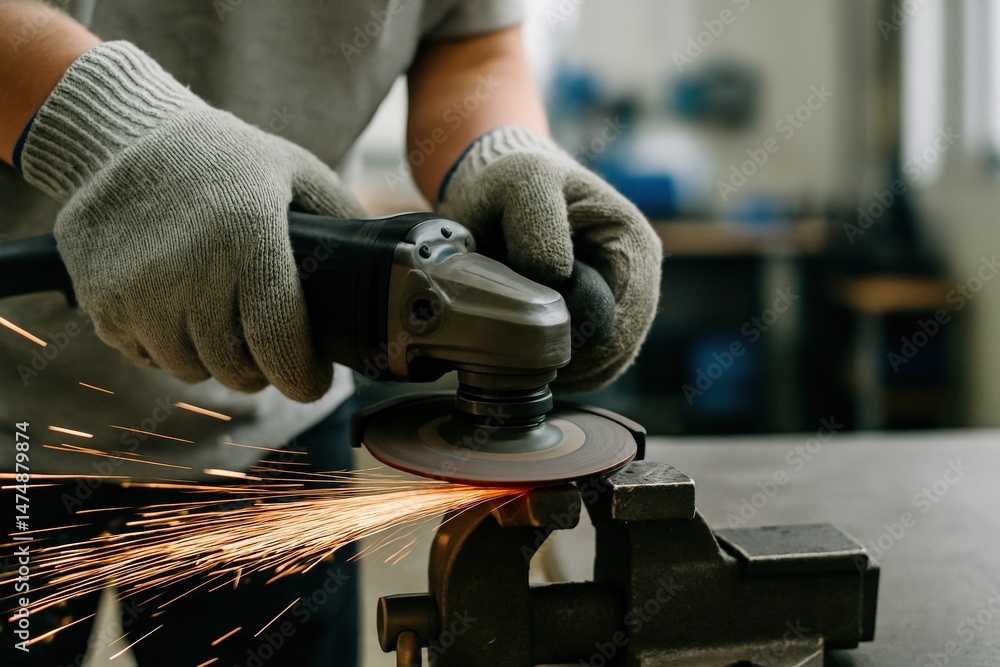 Aufkleber professional tool instrument efficiency concept. worker using a grinder with sparks flying in a work