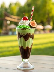 Chocolate Milkshake with whipped cream and cherry in a glass