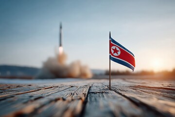 North Korean flag in foreground as rocket launches into the sky during sunrise over a distant landscape