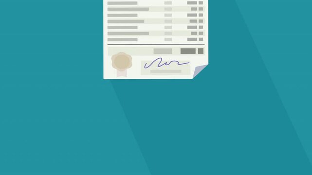 Animation of a 401K plan appearing from the bottom to be placed in the center then disappearing upwards on a blue background with long shadow in flat design style