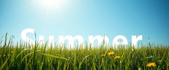 Obraz premium Fröhliche Sommer-Illustration mit dem Wort „Summer“ aus Grasstrukturen im Kornfeld unter blauem Himmel. Positiv, naturverbunden, einladend.