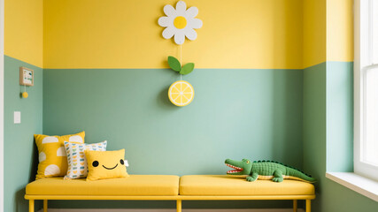 Minimalist kids' wall with a daisy and lemon mobile above a mustard yellow bench with playful cushions. Perfect for children's room decor and playful interior design concepts.

