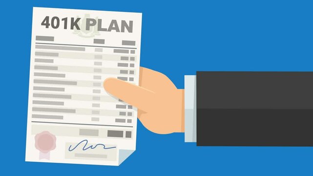 A hand presents a 401k plan from the right on blue background (flat design)