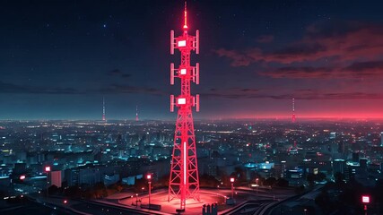 Red communication tower glowing at night above a sprawling cityscape with antenna equipment, illuminated skyline, and dark blue sky

 - Powered by Adobe