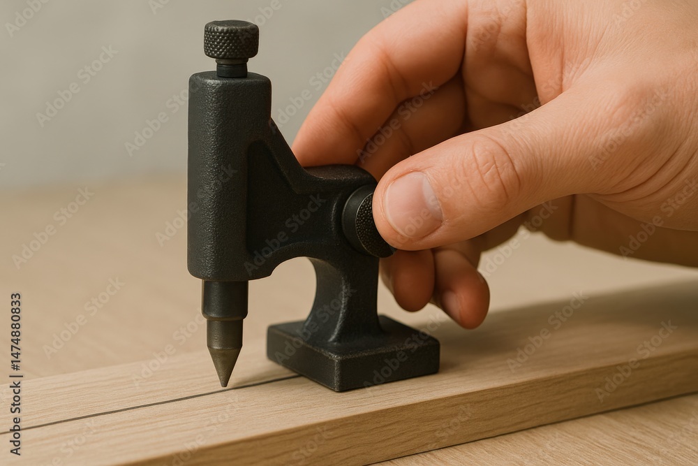 Poster professional tool instrument efficiency concept. hand using a marking tool on wooden surface.