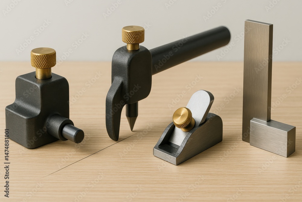 Poster professional tool instrument efficiency concept. tools for precise measurements on a wooden surface.