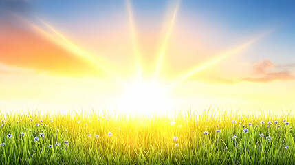 Fototapeta premium Sunrise over wildflower meadow bright warm colors peaceful nature scene