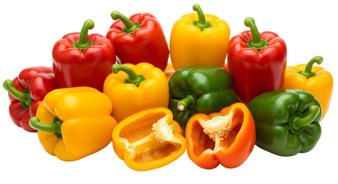 A vibrant assortment of red, yellow, green, and orange bell peppers arranged artfully, showcasing fresh produce in a kitchen setting