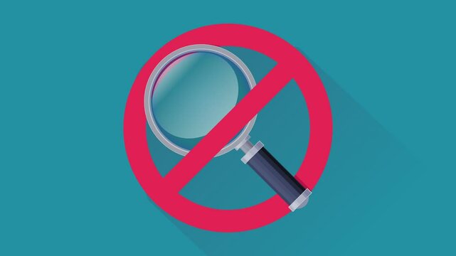 Appearance of a crossed out red circular prohibition symbol on a magnifying glass on a blue background with a long shadow in a flat design style