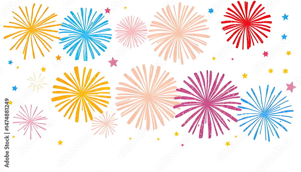 Poster pixelated fireworks display with various colors against black background