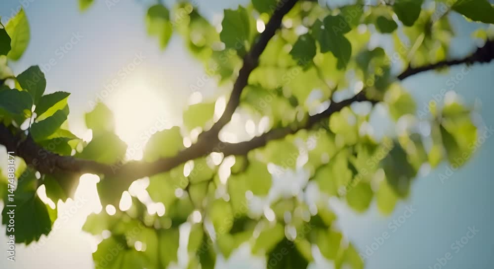 Poster tree branch with green leaves is shown in the sunlight the leaves are large and spread out creating 