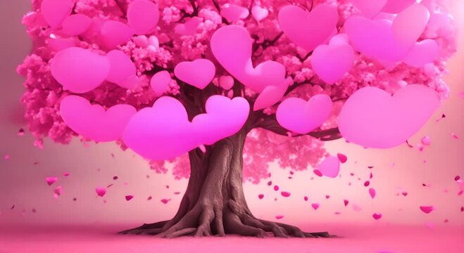 Tree with pink leaves and hearts hanging from it The tree is full of love and happiness 4K
