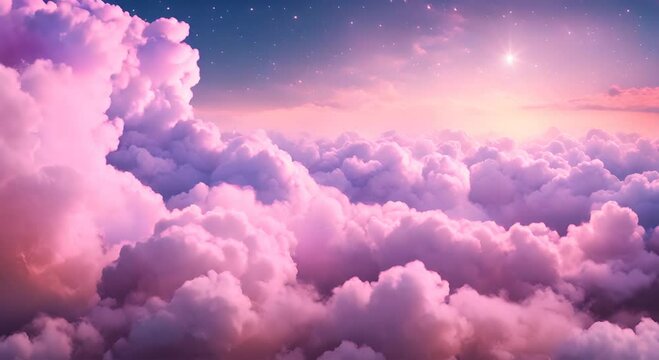 The sky is a beautiful mix of pink and blue clouds with a starry background The clouds are fluffy and light giving the sky a dreamy and peaceful atmosphere 4K
