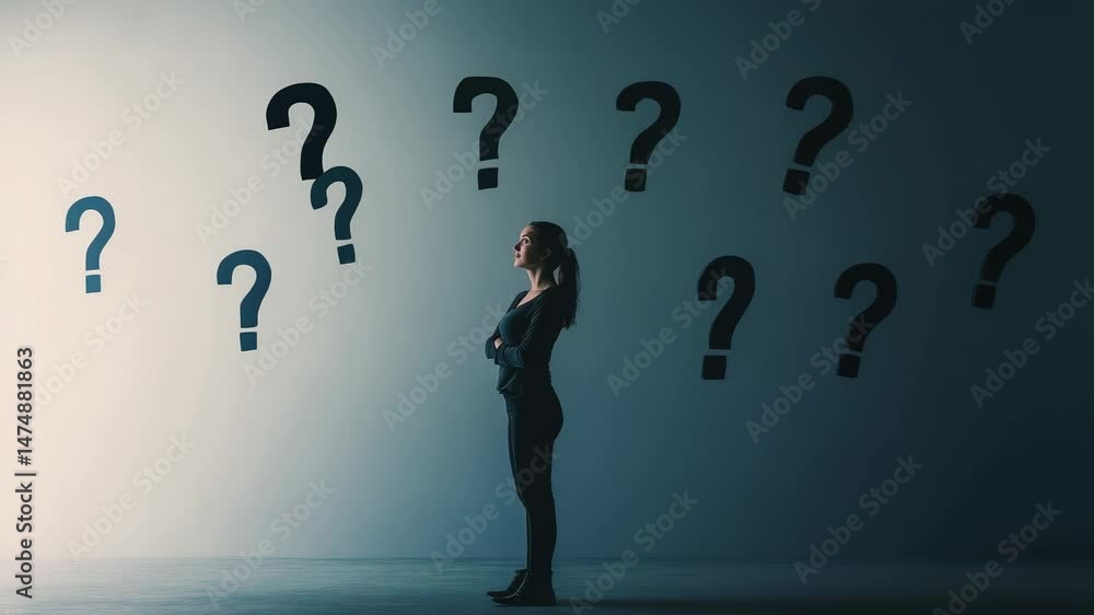 Poster Young businesswoman standing with crossed arms, facing an increasing number of question marks projected on a bright wall in a sequence of images