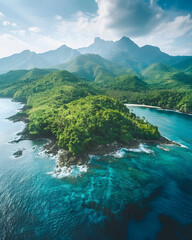 Lush tropical island with volcanic mountains and vibrant coastline
