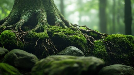 Obraz premium Enchanted roots, Moss-covered tree base in a mystical, dreamy forest