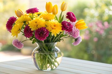 Fototapeta premium Beautiful bouquet of flowers in vase on wooden table outdoors