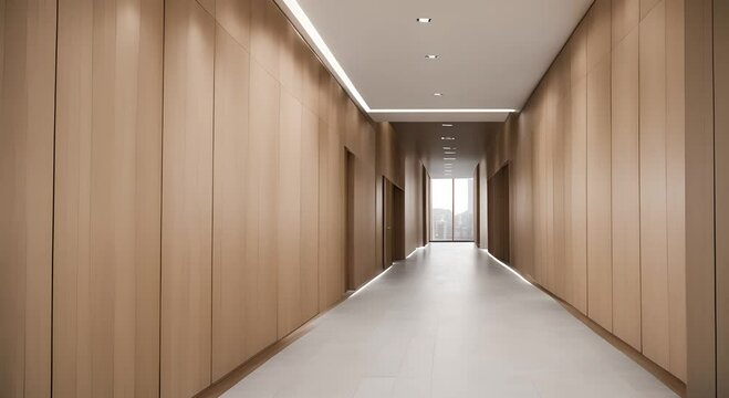 Long empty hallway with wooden walls and a white ceiling The space is open and airy with no furniture or decorations The emptiness of the room gives it a sense of calm and serenity 4K
