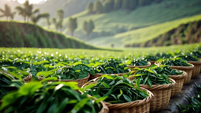 Freshly harvested green leaves in woven baskets lined up on a lush agricultural field with scenic hills and morning sunlight in the background

