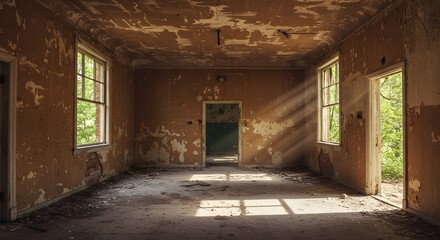 Sunlit Interior of Abandoned Building with Damaged  brown Walls